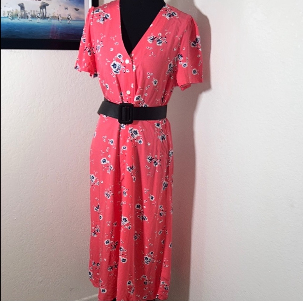 GAP Coral Floral Midi Dress with Black Belt